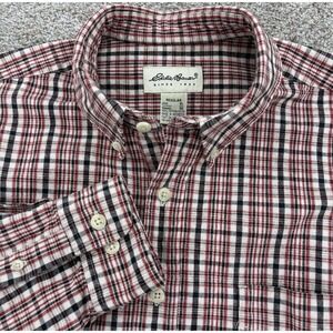 Eddie Bauer Shirt‎ Mens XL Red Plaid Button Up Heavyweight Denim Cabin Overshirt